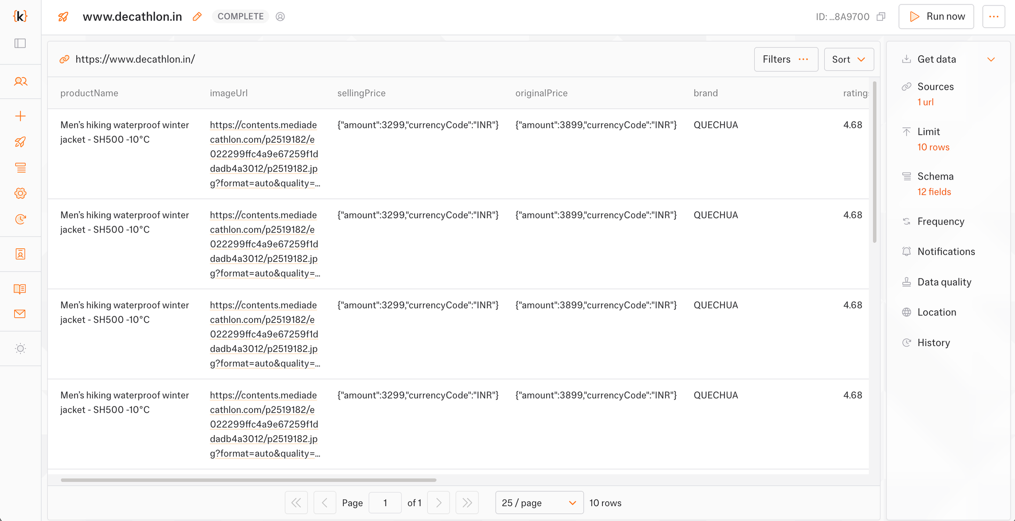 Figure 1: Automated extraction of structured JSON (pricing, currency, rating) from a dynamic eCommerce site using Kadoa.