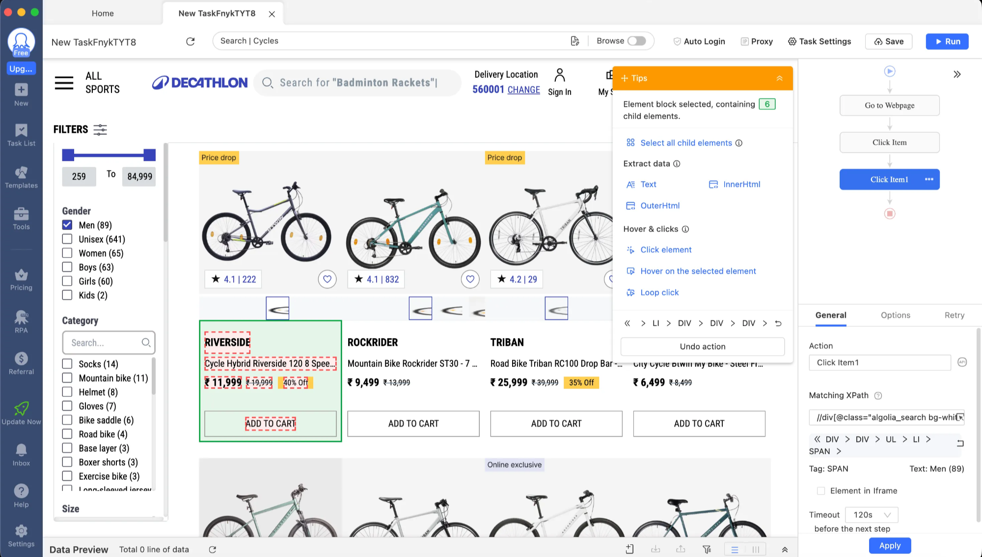 Figure 4: The Octoparse workflow editor, showing the advanced XPath options often required for complex sites.