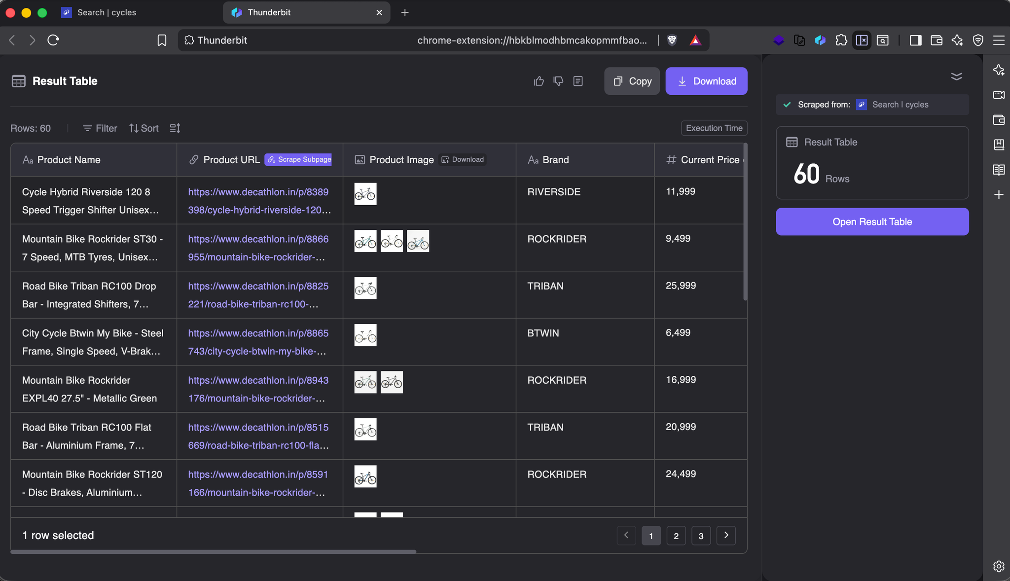 Figure 5: The Thunderbit Chrome extension extracting product data into a table overlay directly in the browser.
